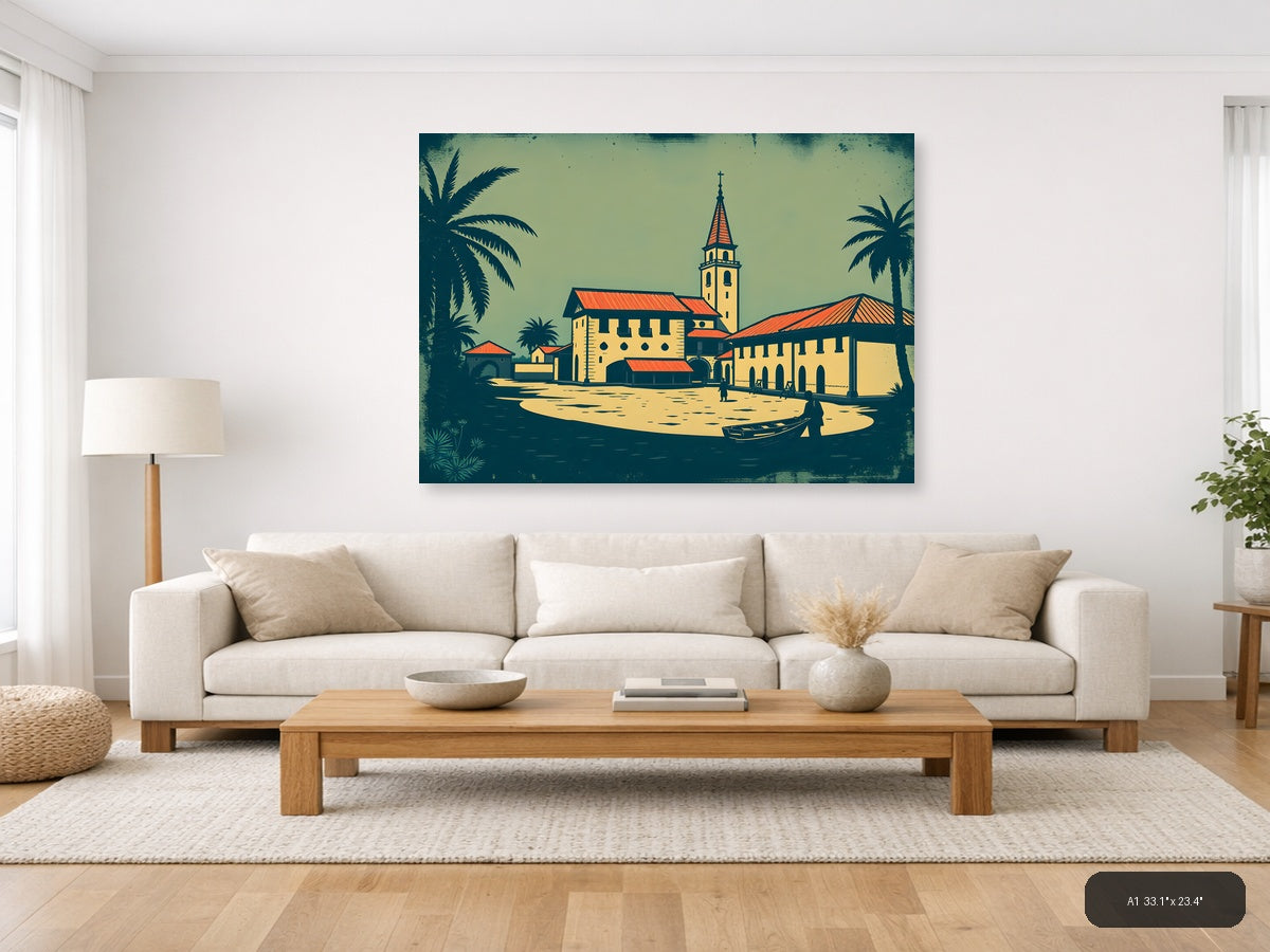 Vintage Tropical Church Landscape Wall Art — A1 / Living Room