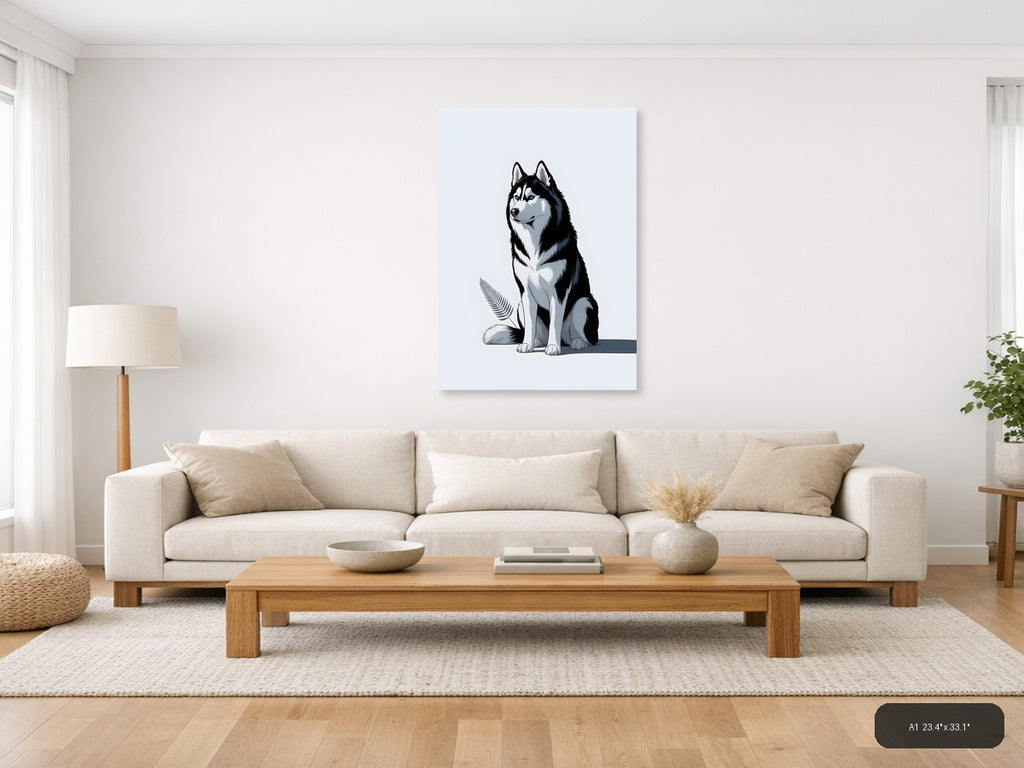 Minimalist Husky Portrait Black White Wall Art — A1 / Living Room