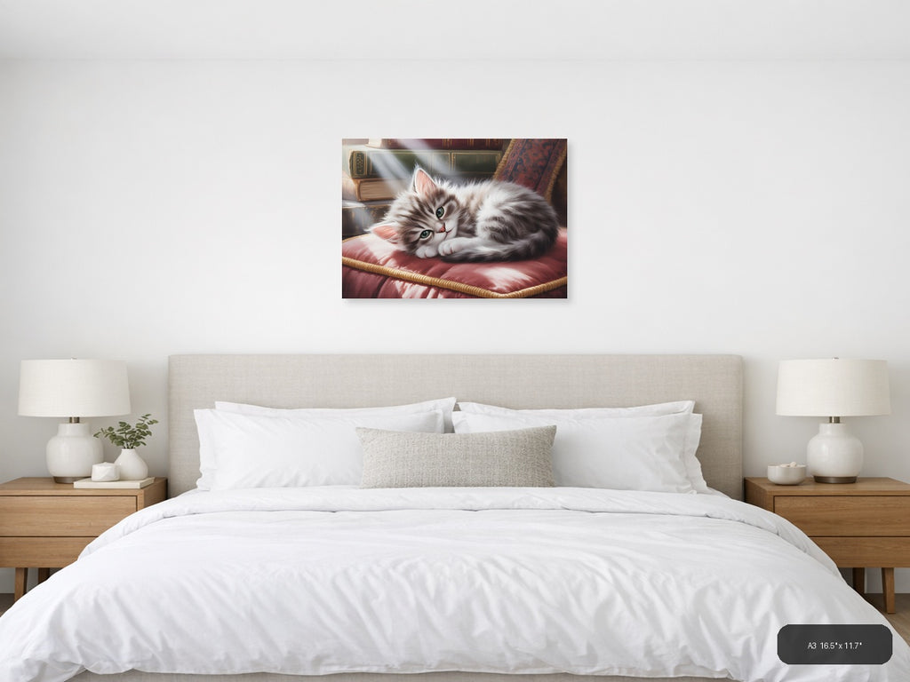 Fluffy White Cat Watercolor Portrait Wall Art — A3 / Bedroom