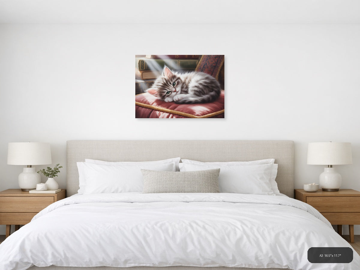 Fluffy White Cat Watercolor Portrait Wall Art — A3 / Bedroom
