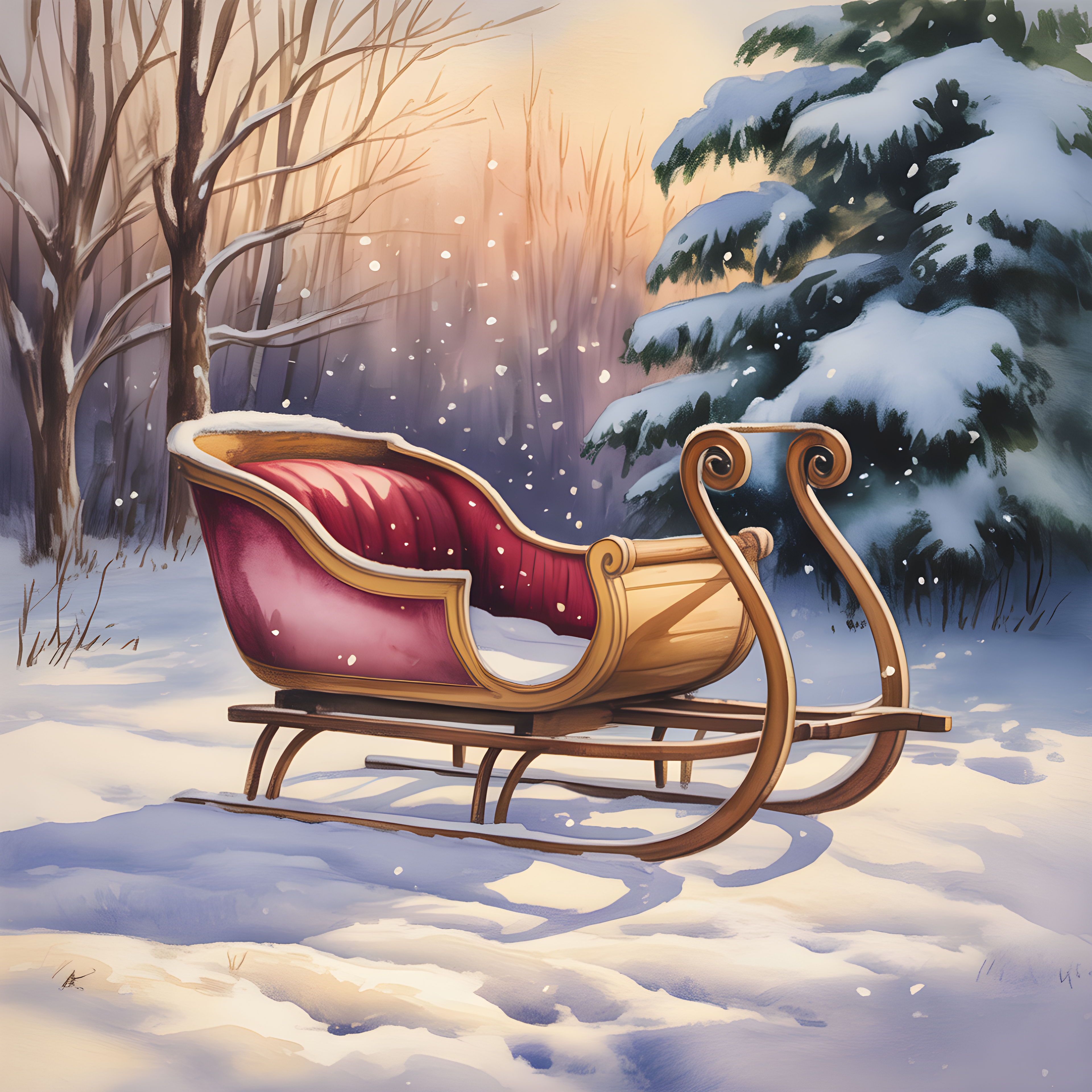 Santa's Sleigh Winter Forest Watercolor Wall Art