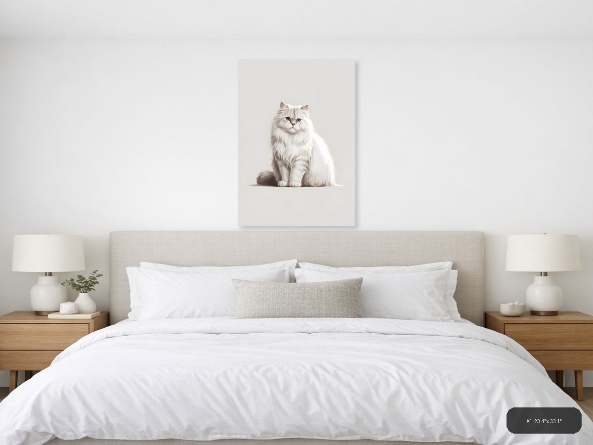 Fluffy White Cat Portrait Minimalist Wall Art — A1 / Bedroom