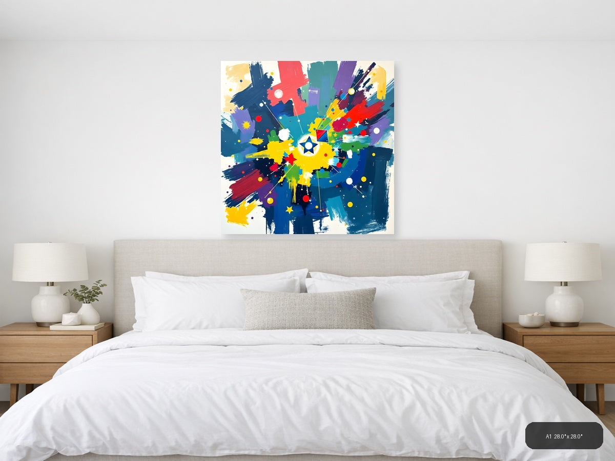Vibrant Abstract Starburst with Colorful Brushstrokes Wall Art — A1 / Bedroom