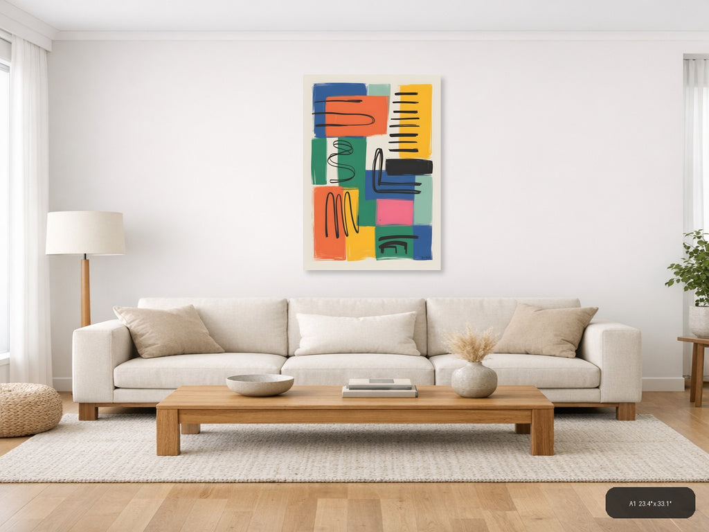Colorful Abstract Geometric Blocks Black Lines Wall Art — A1 / Living Room