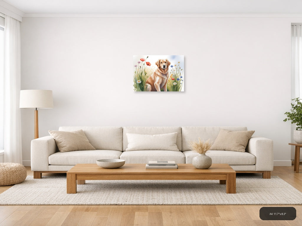 Golden Retriever in Wildflower Field Watercolor Wall Art — A4 / Living Room