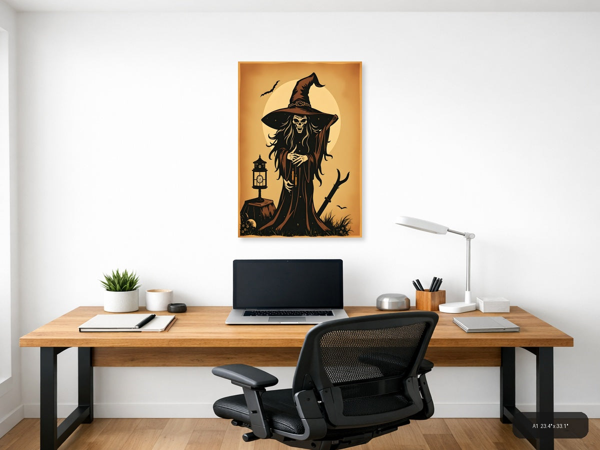 Vintage Skeleton Witch with Hat Moon Wall Art — A1 / Office