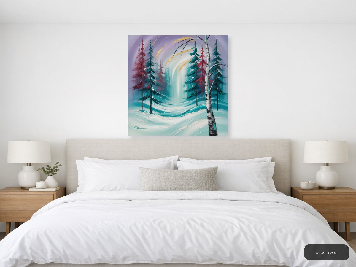 Abstract Winter Forest with Turquoise Waterfall Wall Art — A1 / Bedroom