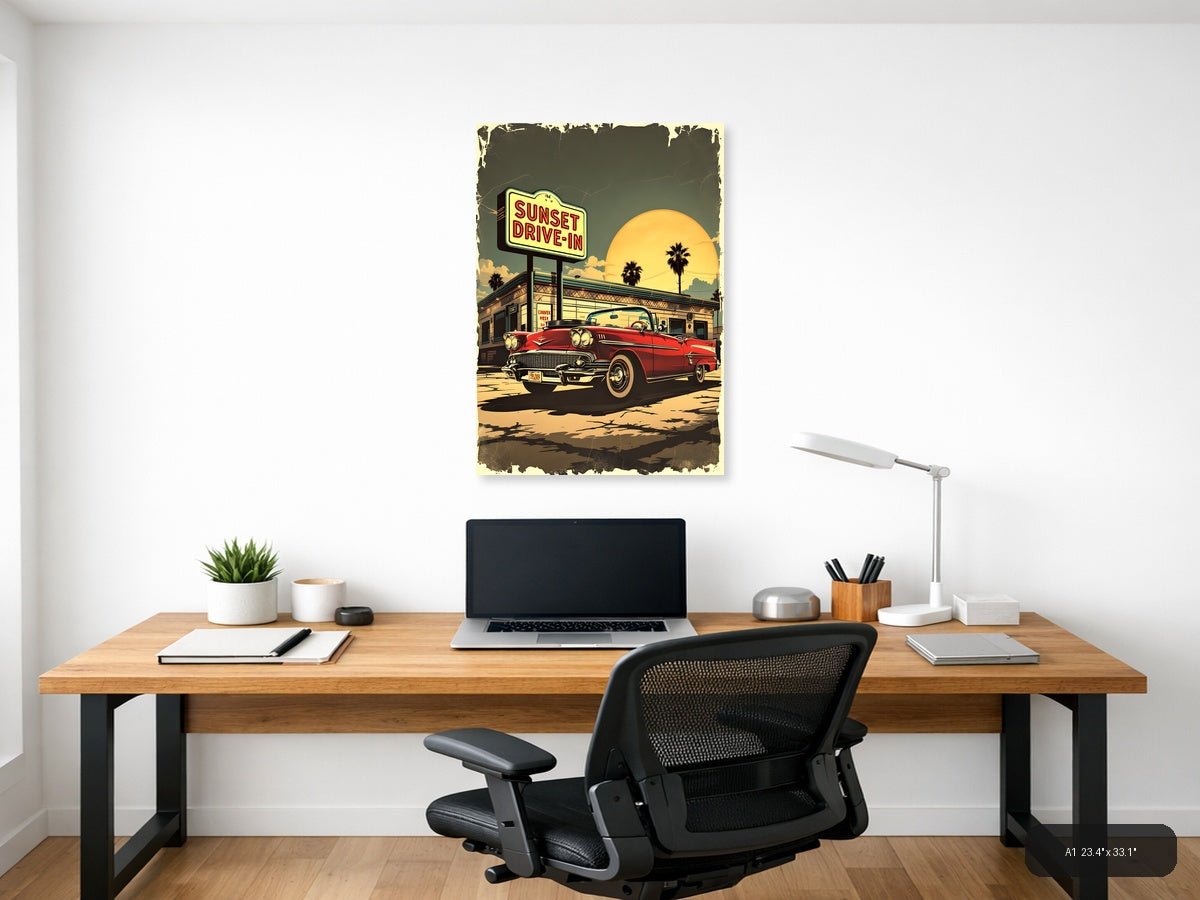 Sunset Drive-In Vintage Red Car Wall Art — A1 / Office