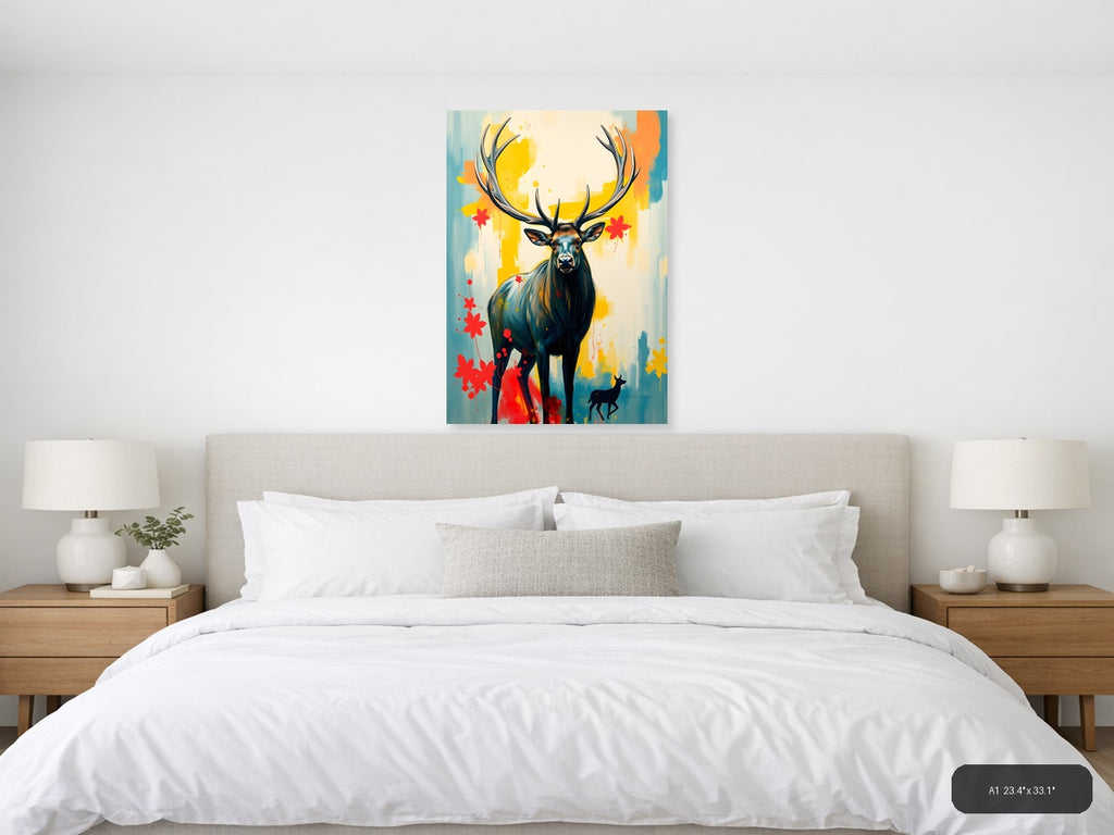 Abstract Deer with Antlers - Modern Yellow & Red Wall Art — A1 / Bedroom