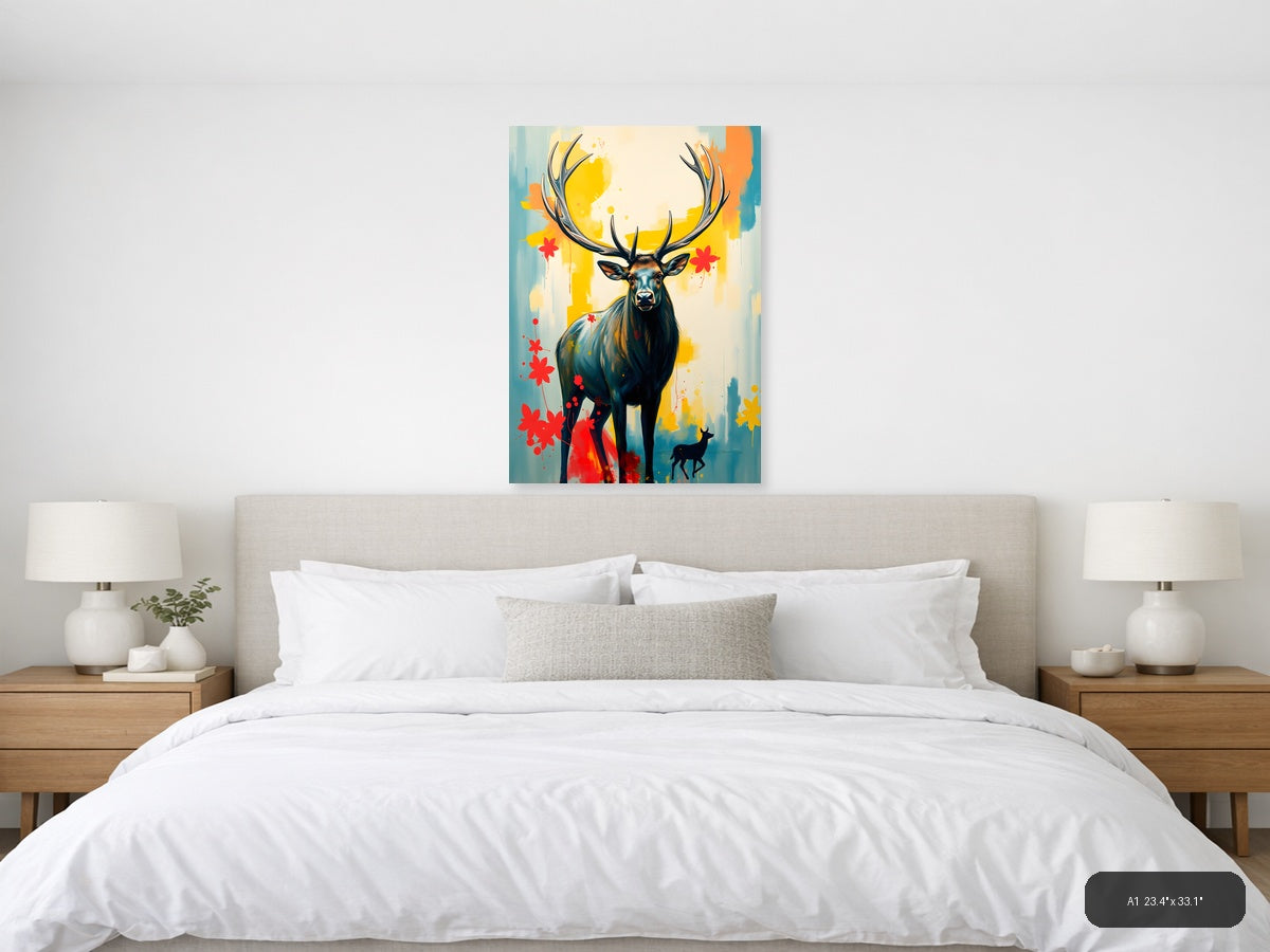 Abstract Deer with Antlers - Modern Yellow & Red Wall Art — A1 / Bedroom