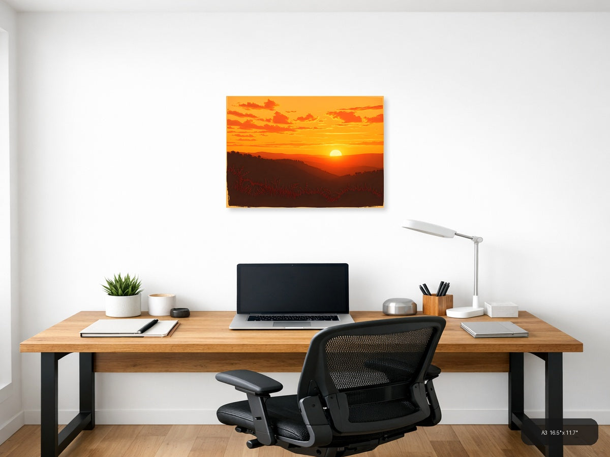 Vintage Sunset Over Mountains Landscape Wall Art — A3 / Office