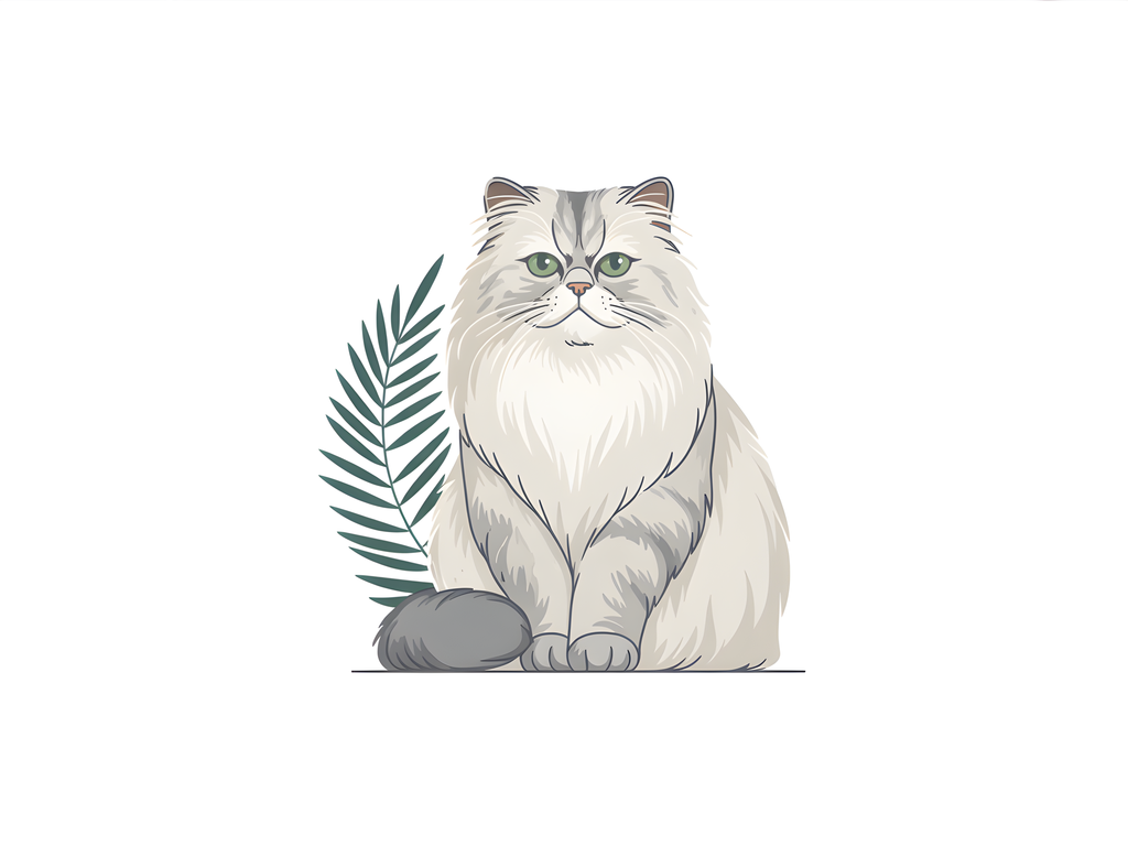 Fluffy White Cat with Plant Minimalist Wall Art