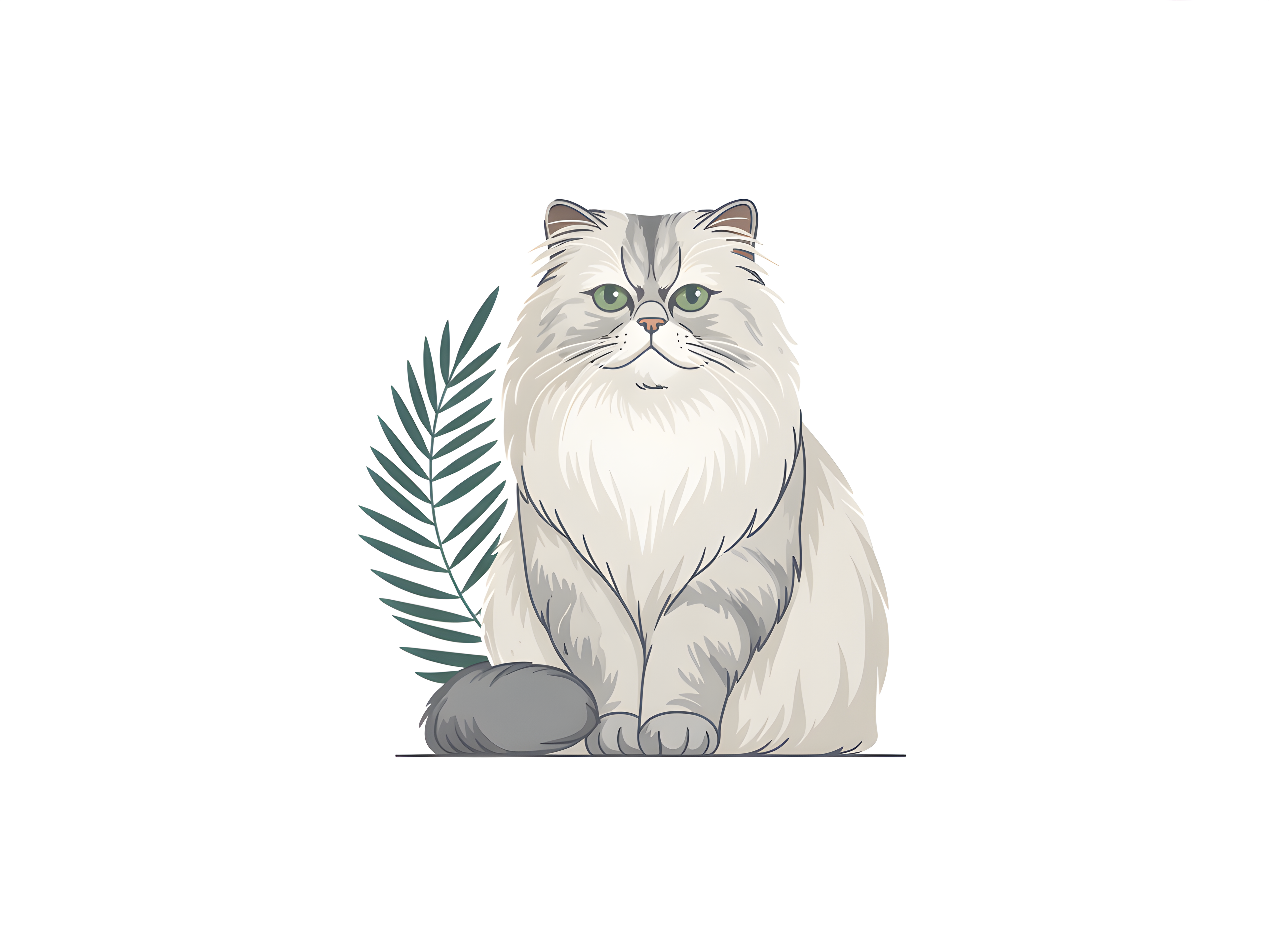 Fluffy White Cat with Plant Minimalist Wall Art