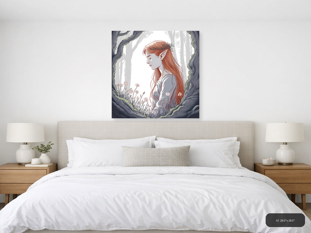 Forest Elf with Red Hair Line Art Wall Art — A1 / Bedroom