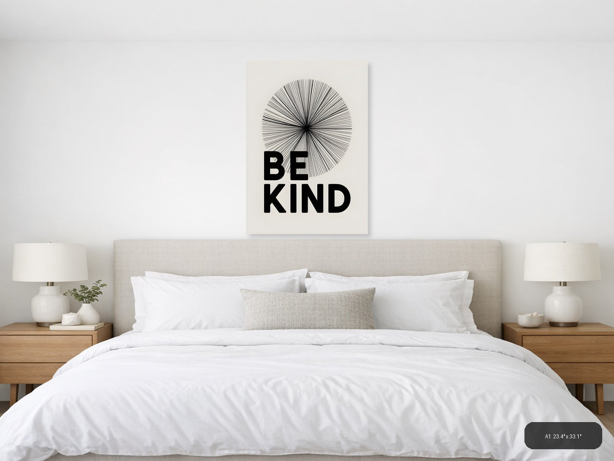 Be Kind Line Art Circle Radiant Black White Wall Art — A1 / Bedroom