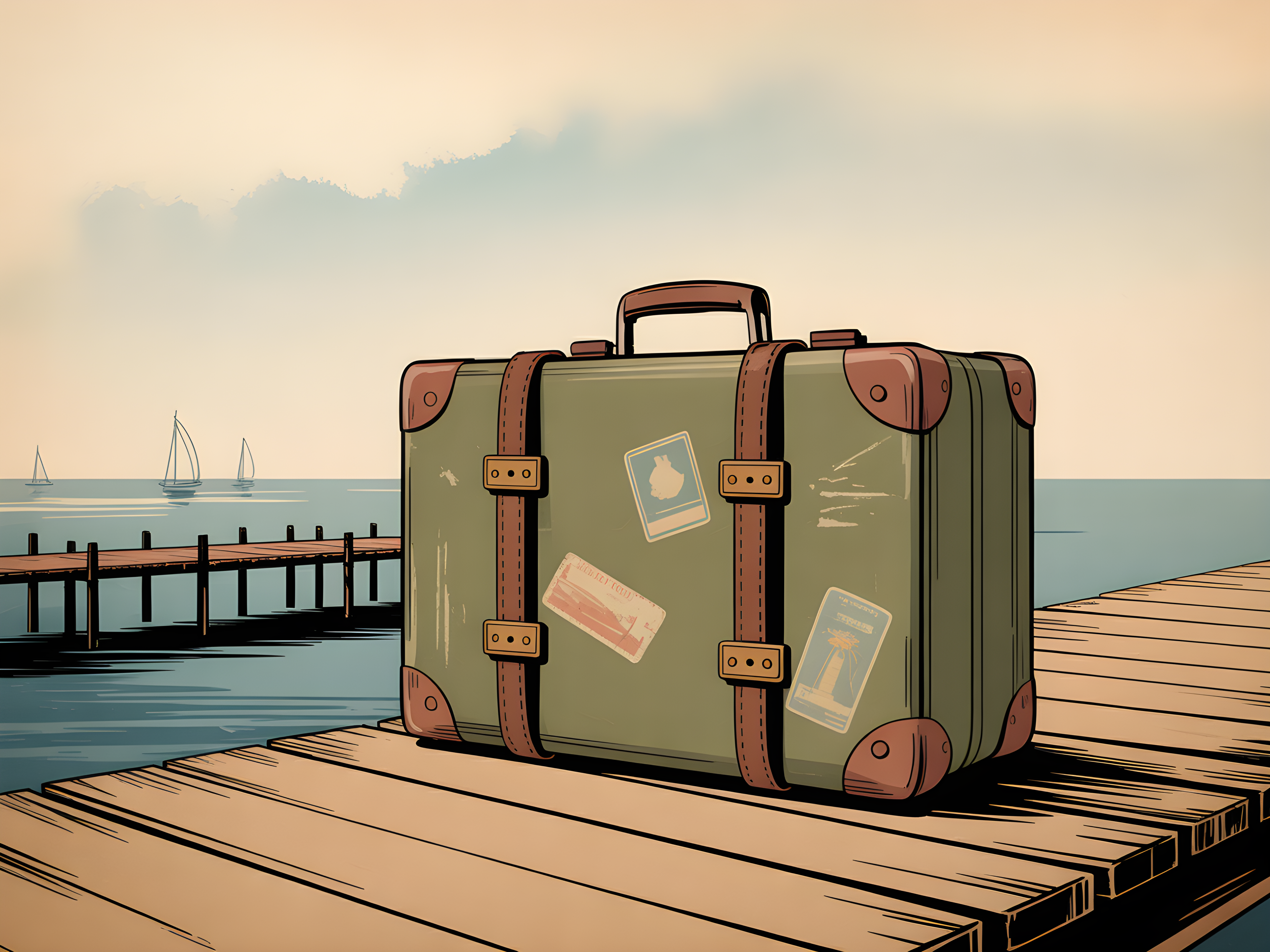 Vintage Suitcase on Dock - Coastal Travel Wall Art