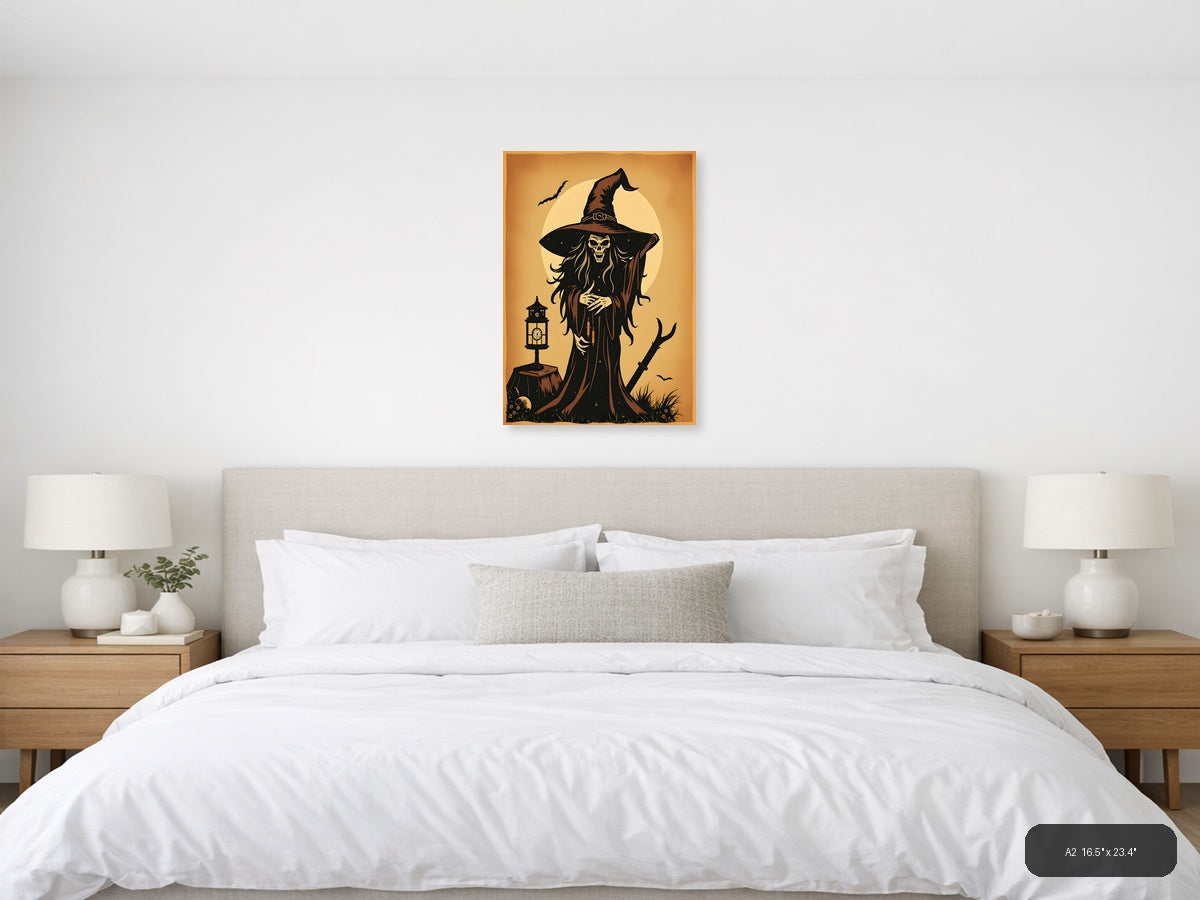 Vintage Skeleton Witch with Hat Moon Wall Art — A2 / Bedroom