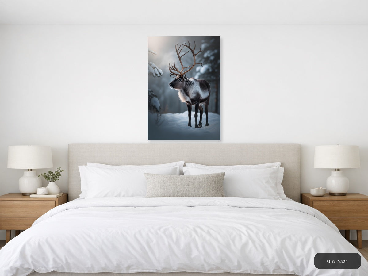 Majestic Reindeer in Snowy Winter Forest Photography Wall Art — A1 / Bedroom