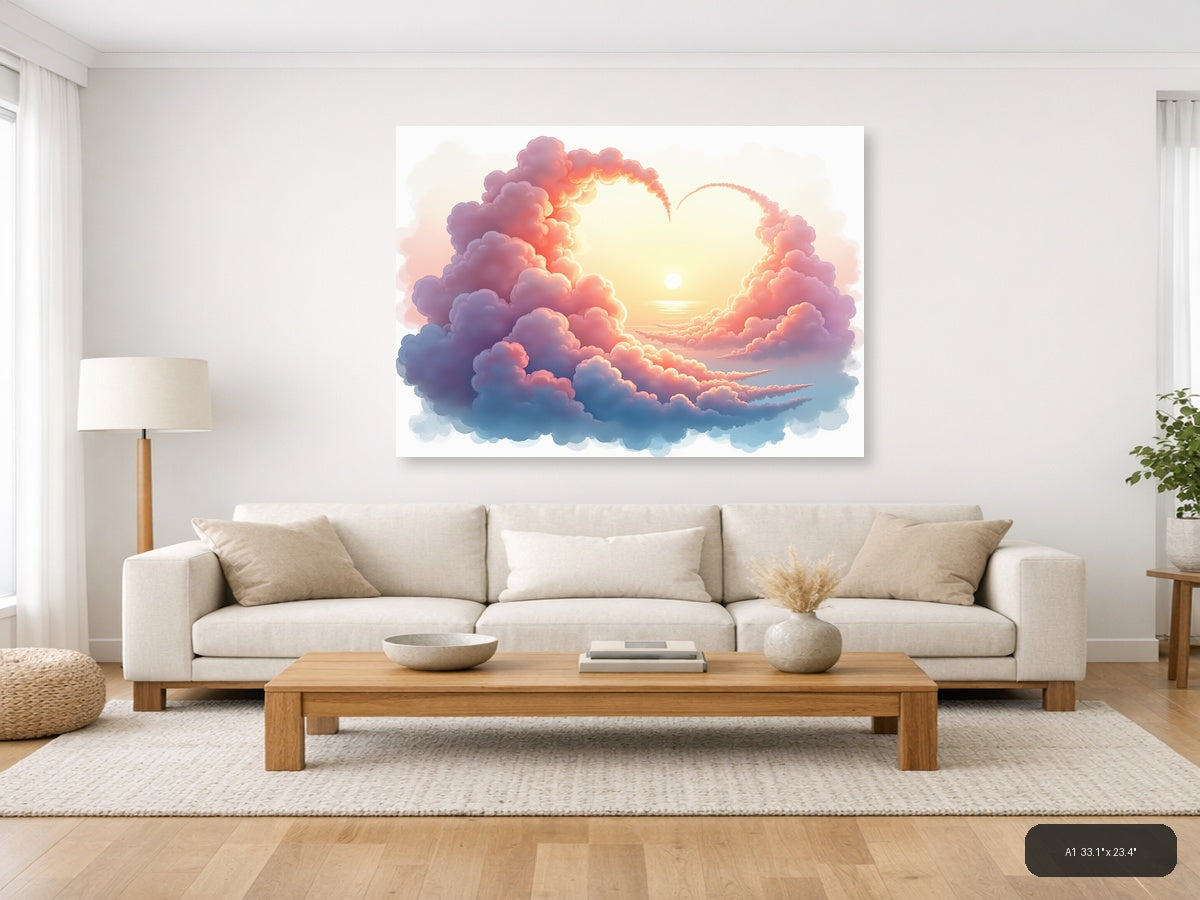 Sunset Heart Clouds Watercolor Landscape Wall Art — A1 / Living Room