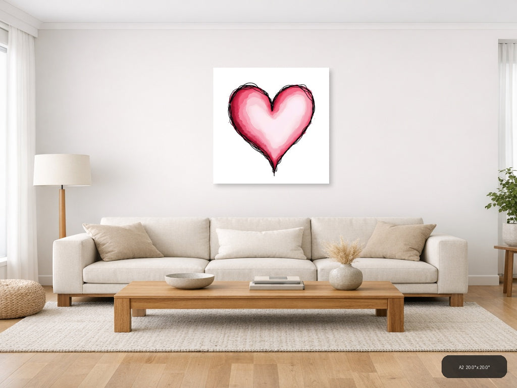 Pink Heart Line Art with Watercolor Fill Wall Art — A2 / Living Room
