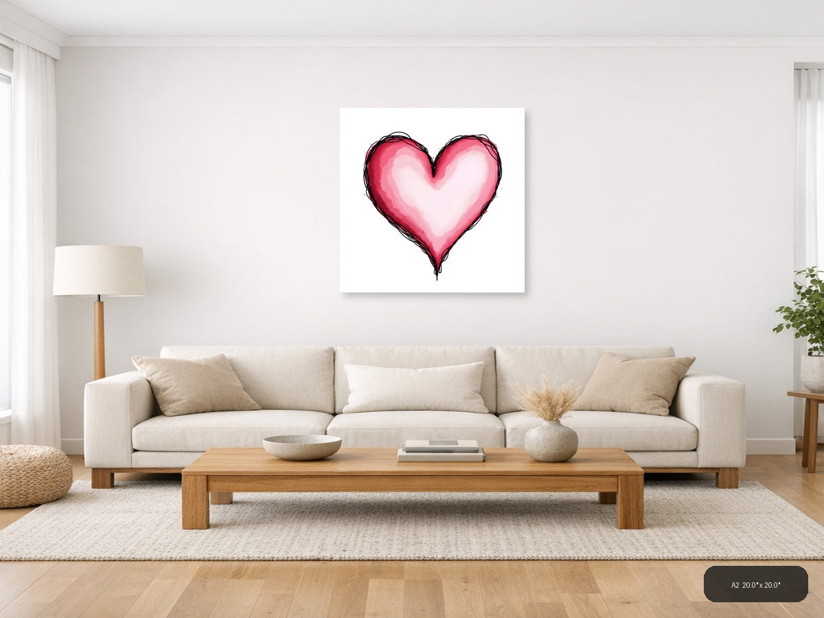 Pink Heart Line Art with Watercolor Fill Wall Art — A2 / Living Room