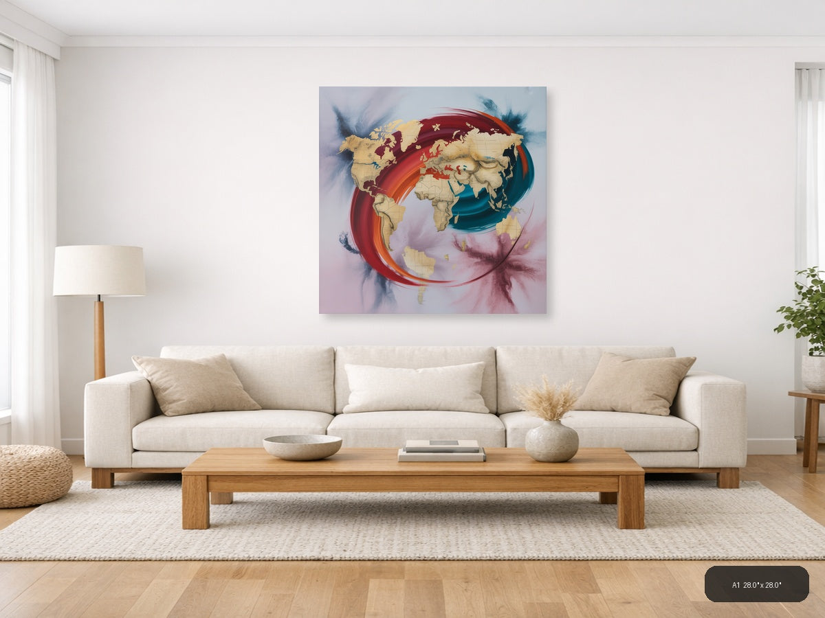 Abstract World Map with Red & Teal Flow Wall Art — A1 / Living Room