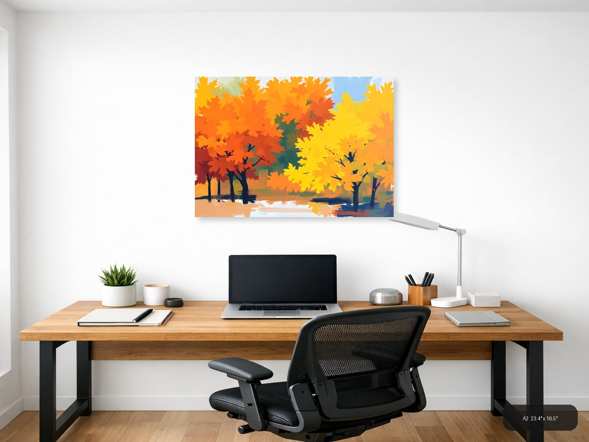Abstract Autumn Trees by Water Landscape Wall Art — A2 / Office