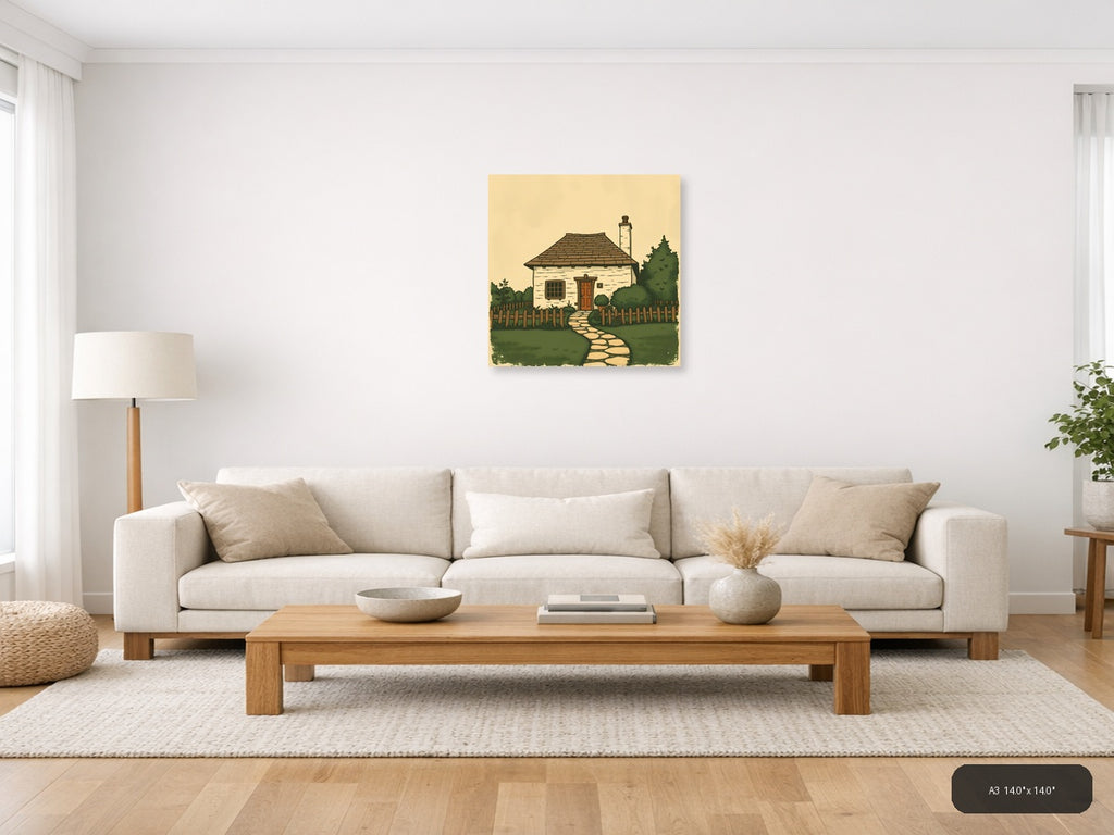 Vintage Cottage with Chimney & Garden Fence Wall Art — A3 / Living Room