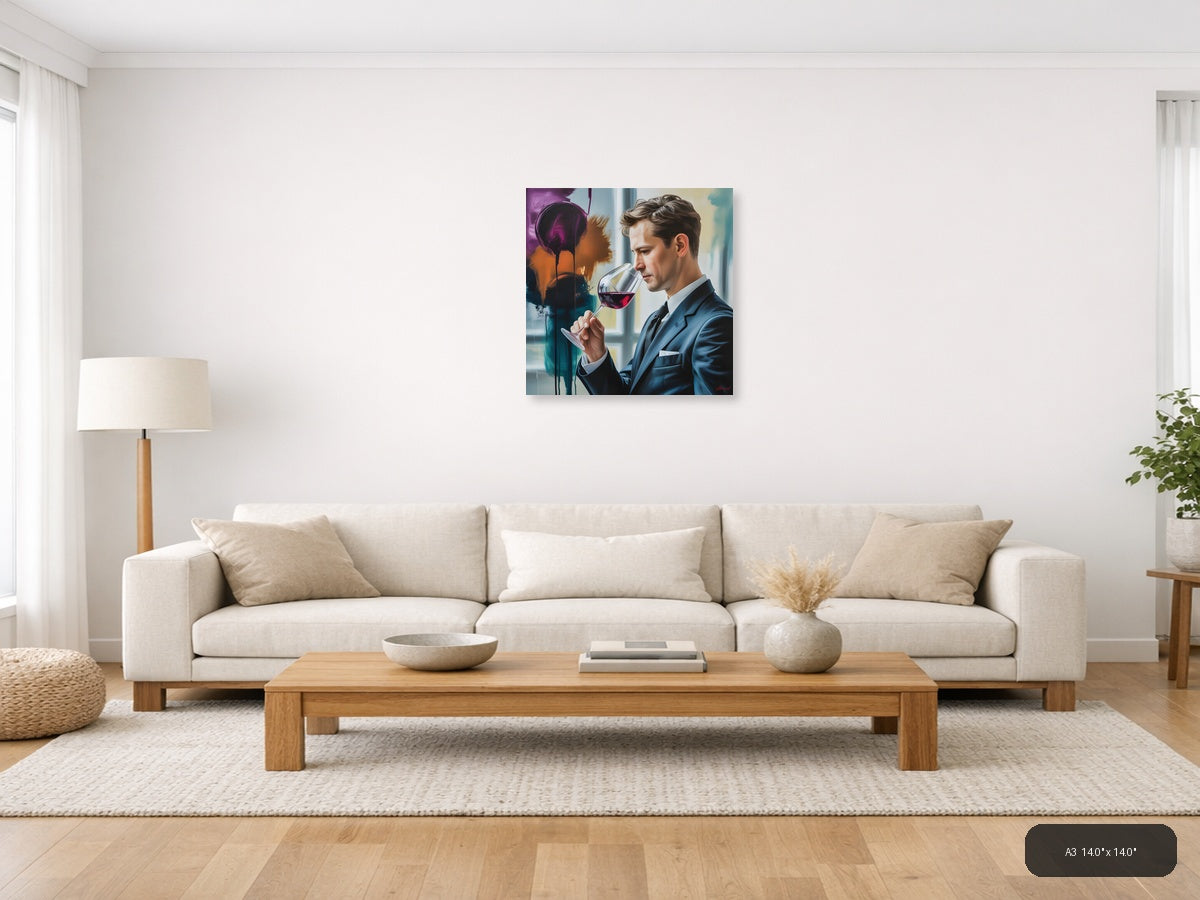 Abstract Wine Tasting Man in Blue Suit Wall Art — A3 / Living Room