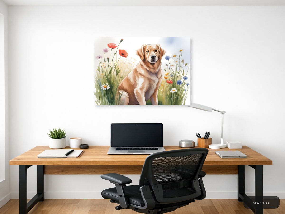 Golden Retriever in Wildflower Field Watercolor Wall Art — A2 / Office