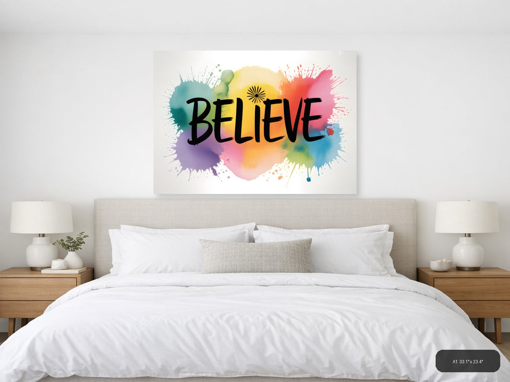 Believe Watercolor Splatter Inspirational Wall Art — A1 / Bedroom