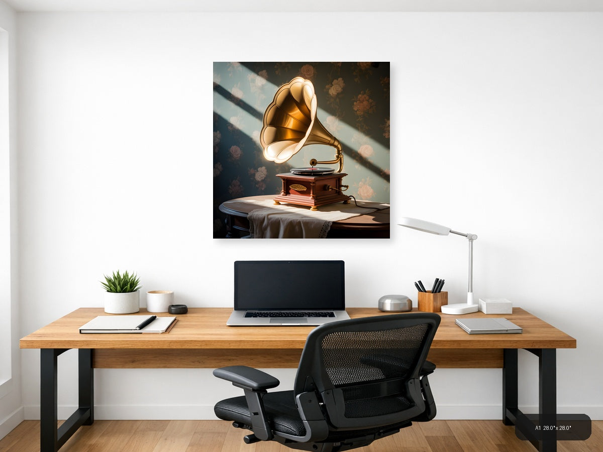 Vintage Gramophone Golden Horn Illustration Wall Art — A1 / Office