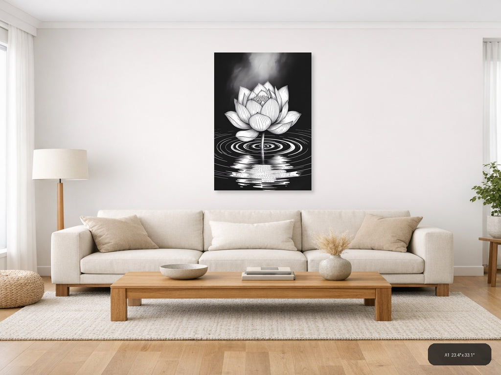 Lotus Flower Ripples Black & White Line Art Wall Art — A1 / Living Room