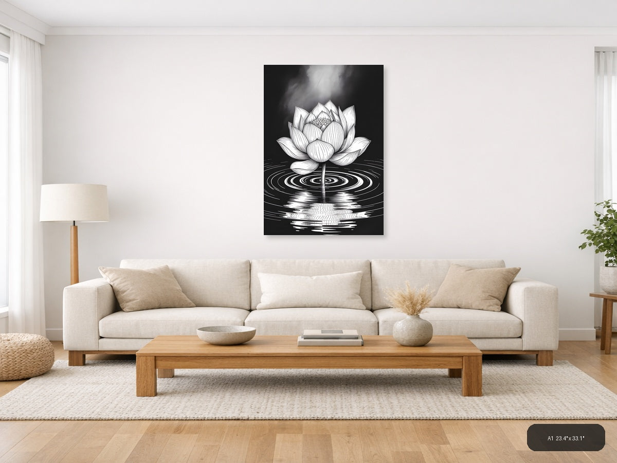 Lotus Flower Ripples Black & White Line Art Wall Art — A1 / Living Room