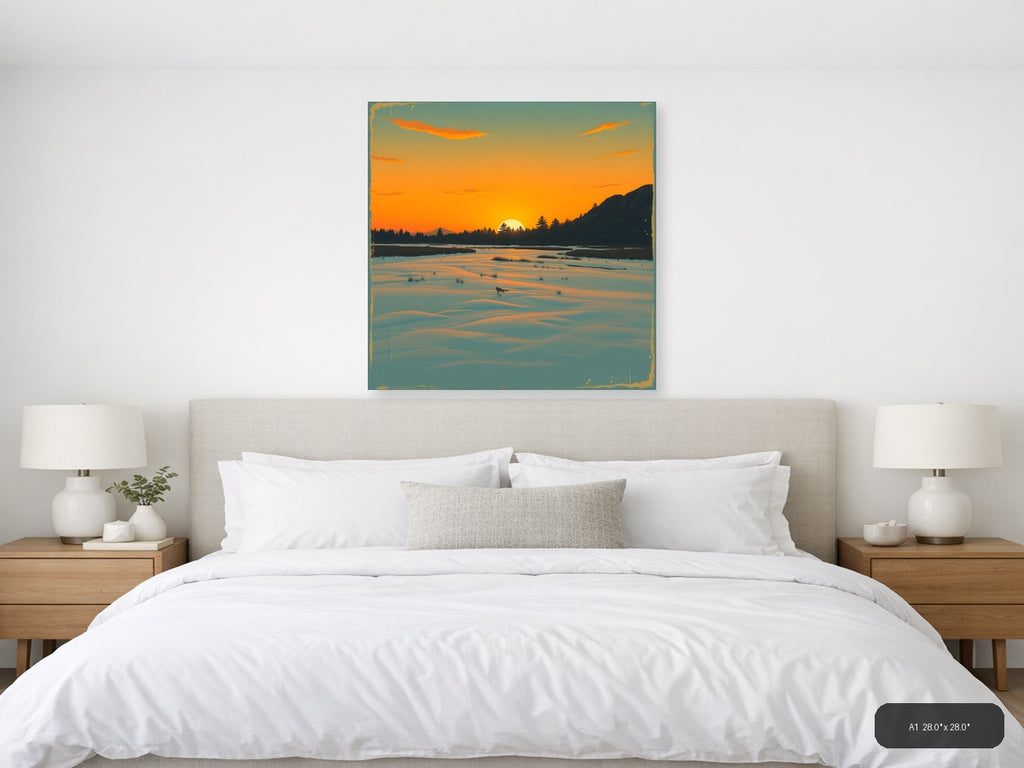 Vintage Sunset Lake Landscape with Mountains Wall Art — A1 / Bedroom