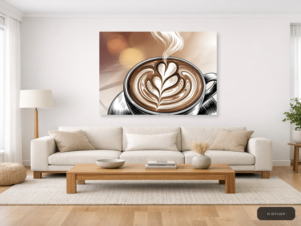 Latte Art Line Art - Coffee Cup with Heart Design Wall Art — A1 / Living Room