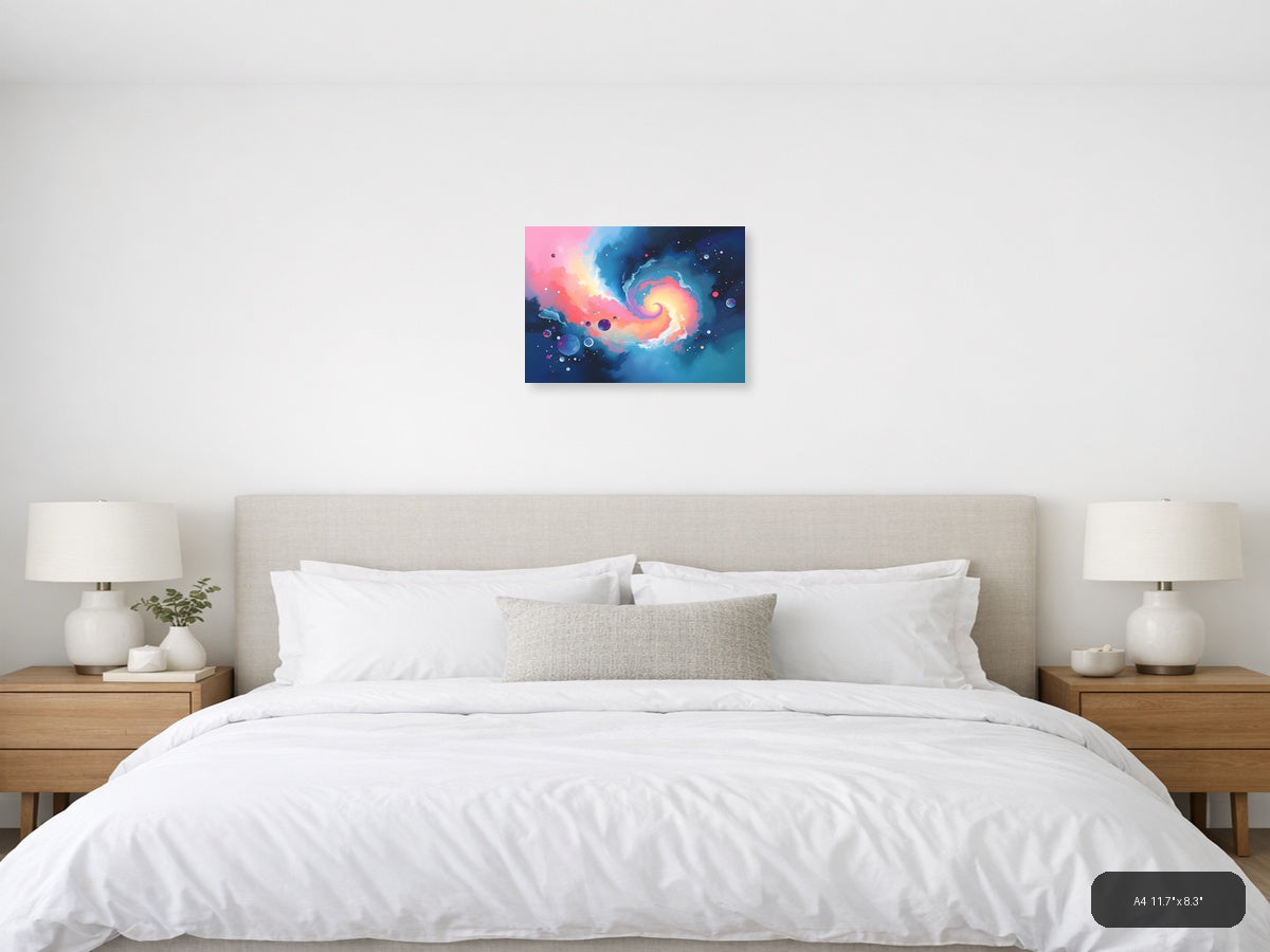 Cosmic Spiral Galaxy Abstract Pink Blue Wall Art — A4 / Bedroom