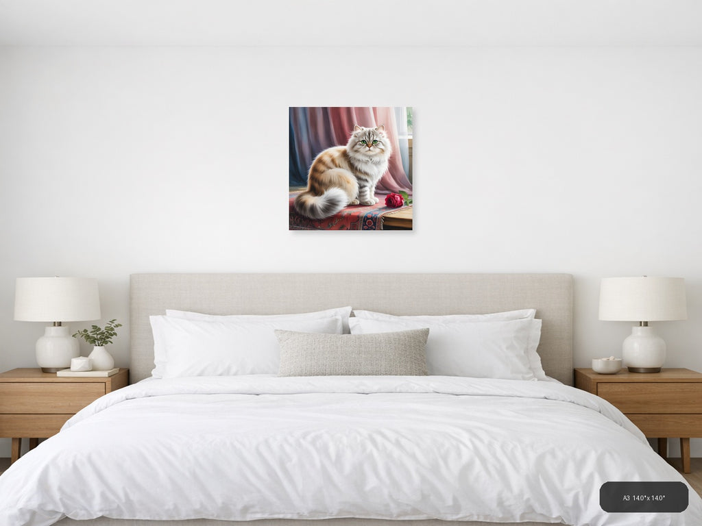 Fluffy Cat with Green Eyes Watercolor Wall Art — A3 / Bedroom