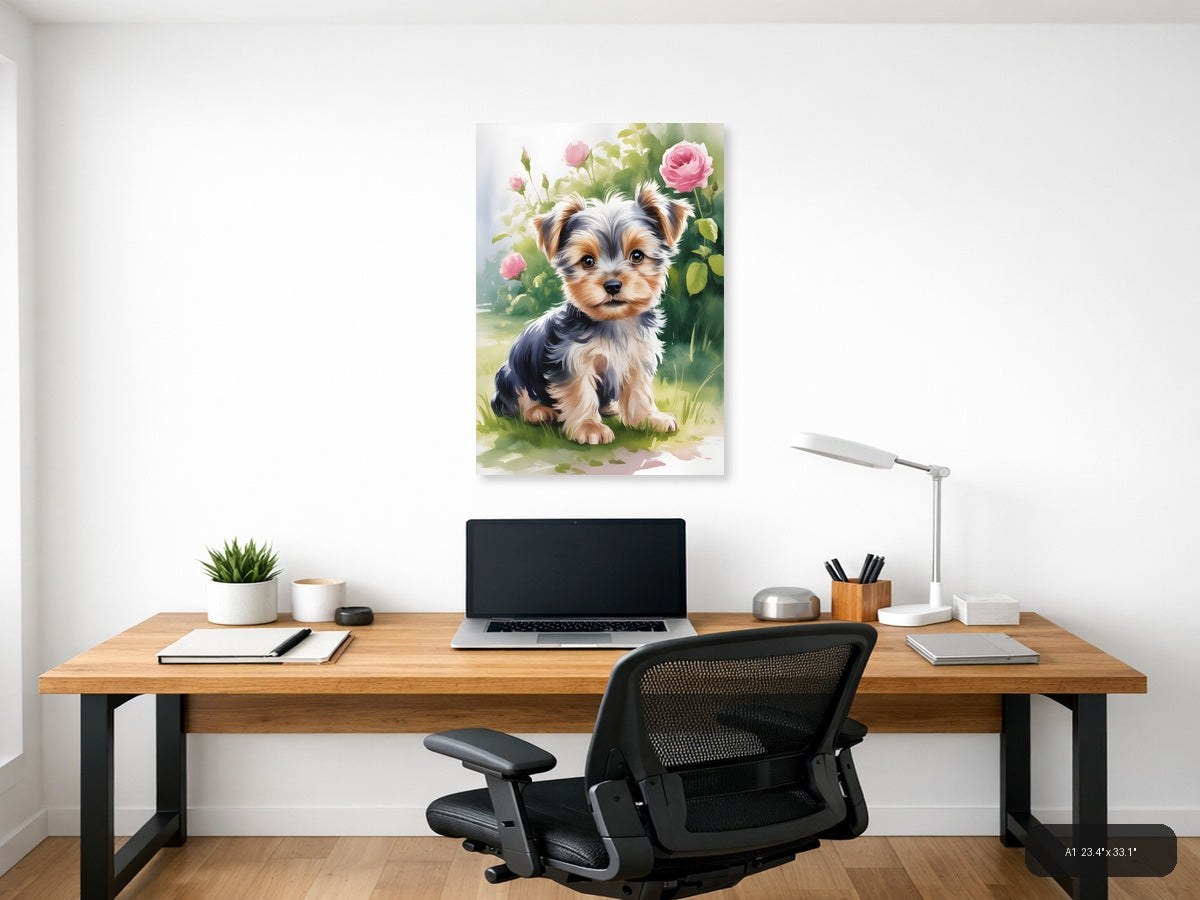 Adorable Puppy with Pink Roses Watercolor Wall Art — A1 / Office