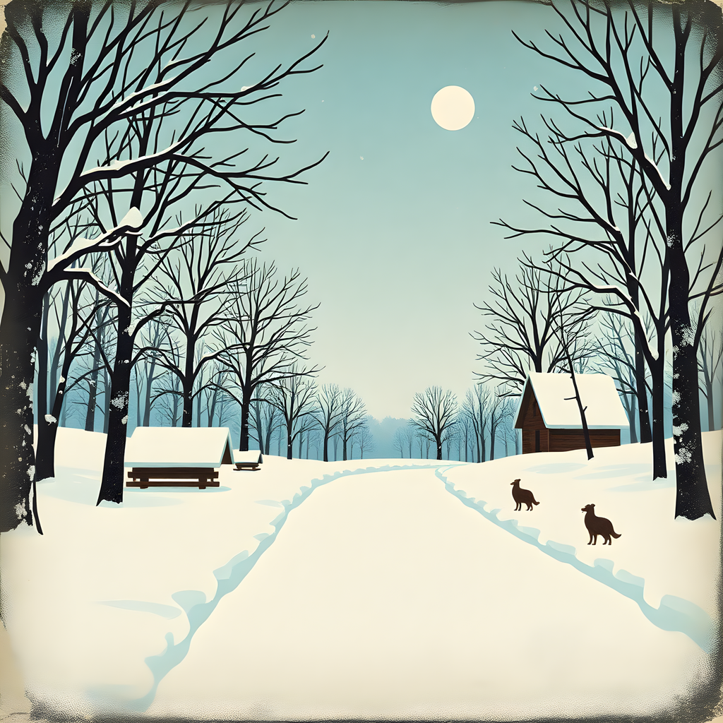 Vintage Winter Landscape with Cabin and Moon Wall Art