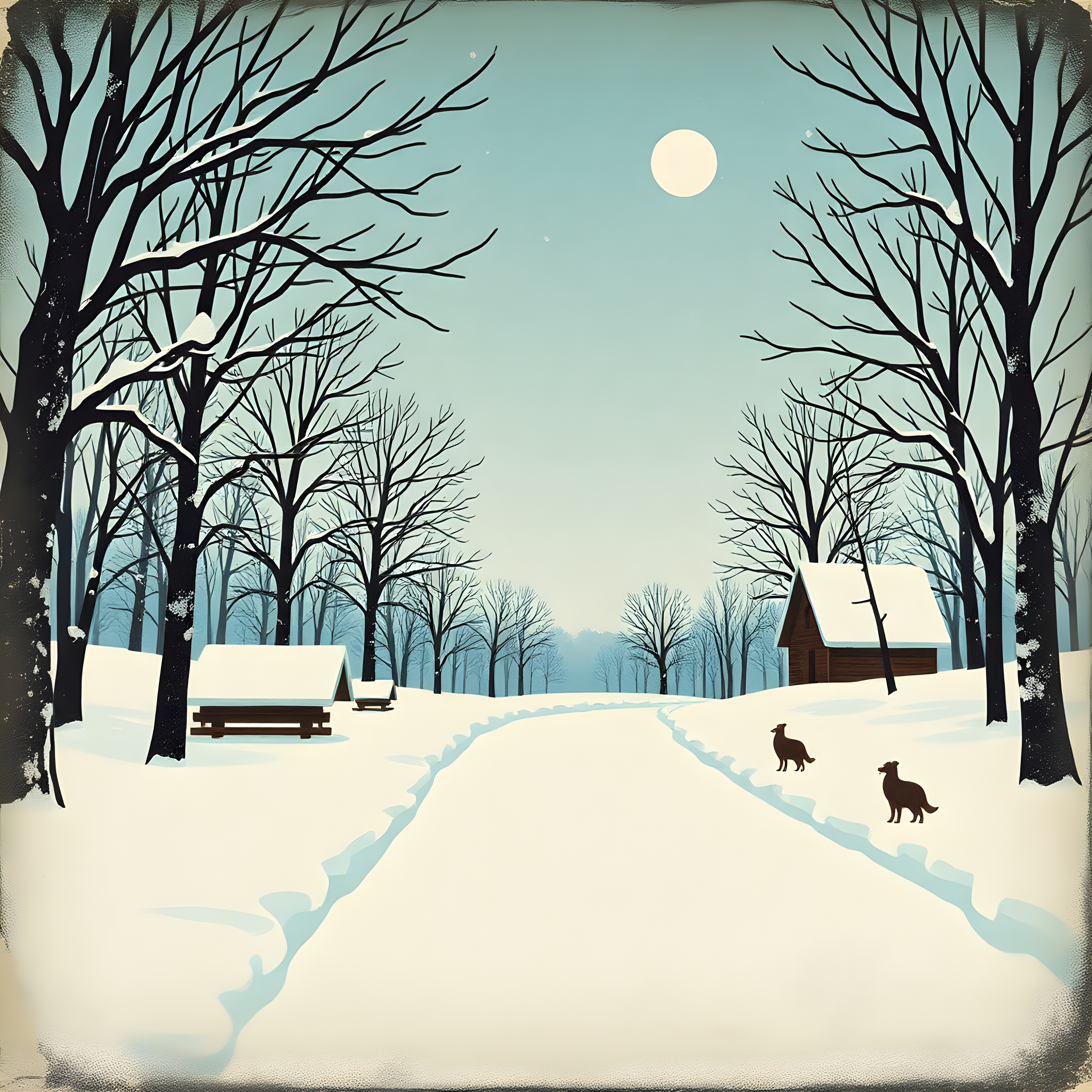 Vintage Winter Landscape with Cabin and Moon Wall Art