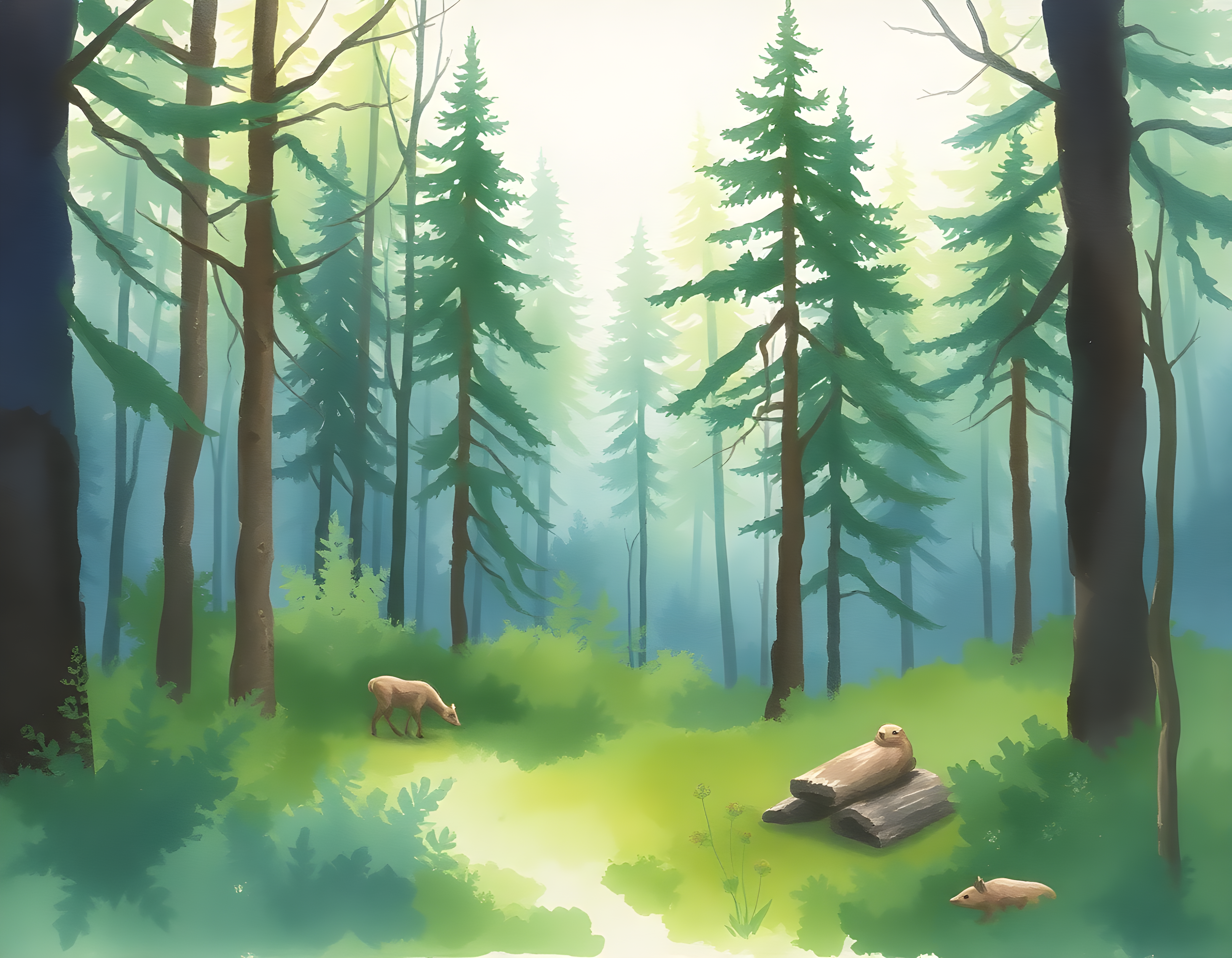 Misty Forest Stream with Wildlife Watercolor Wall Art