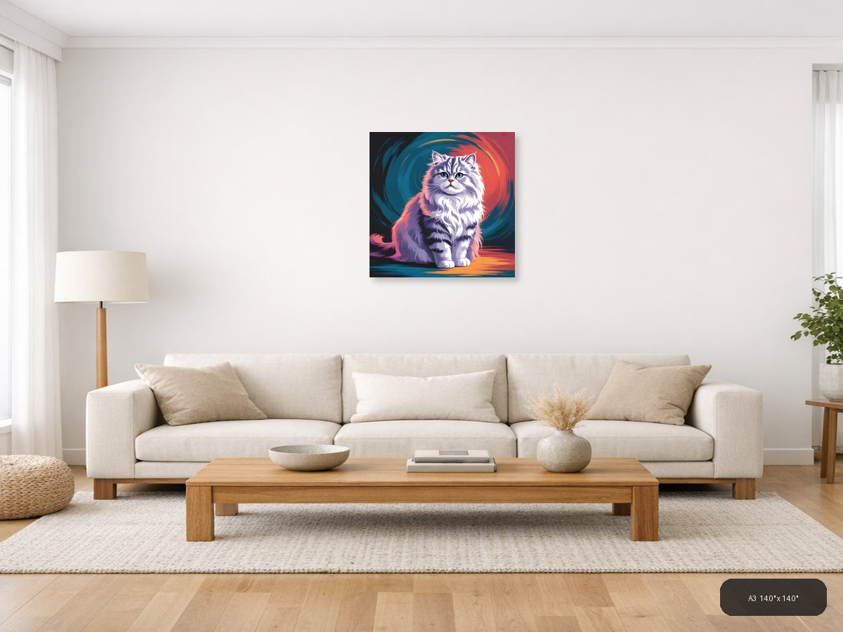 Fluffy Cat Abstract Portrait with Neon Colors Wall Art — A3 / Living Room