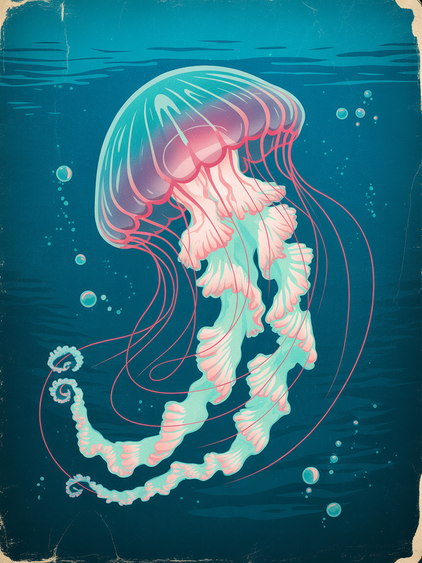 Jellyfish — Vintage (Portrait) Canvas Print | Vintage Wall Art | A4 A3 A2 A1
