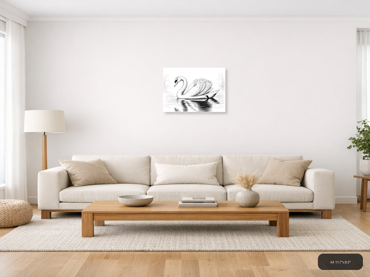 Elegant Swan Line Art Drawing - Black & White Wall Art — A4 / Living Room