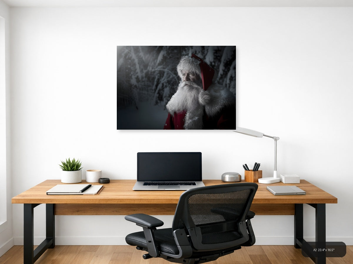 Santa in Snowy Forest Portrait Photography Wall Art — A2 / Office
