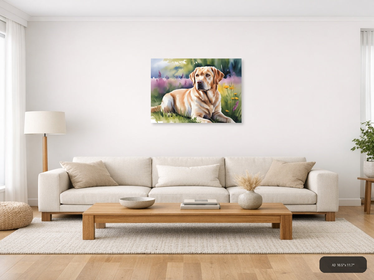 Golden Labrador in Wildflower Meadow Watercolor Wall Art — A3 / Living Room