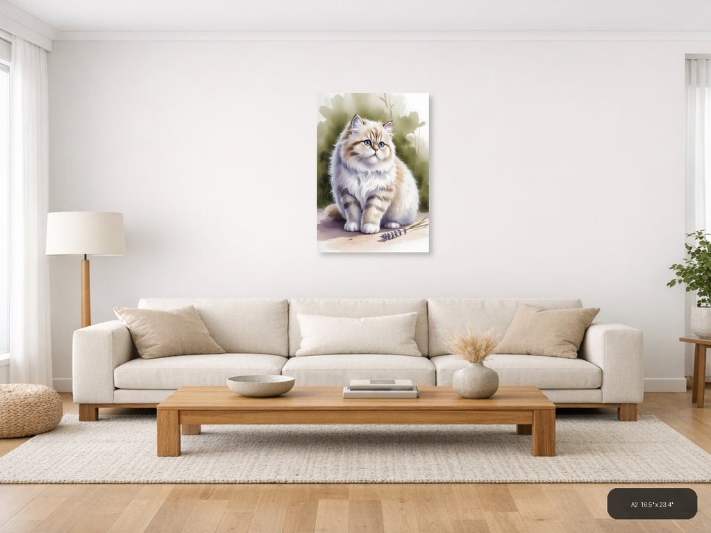 Fluffy White Cat Blue Eyes Watercolor Portrait Wall Art — A2 / Living Room