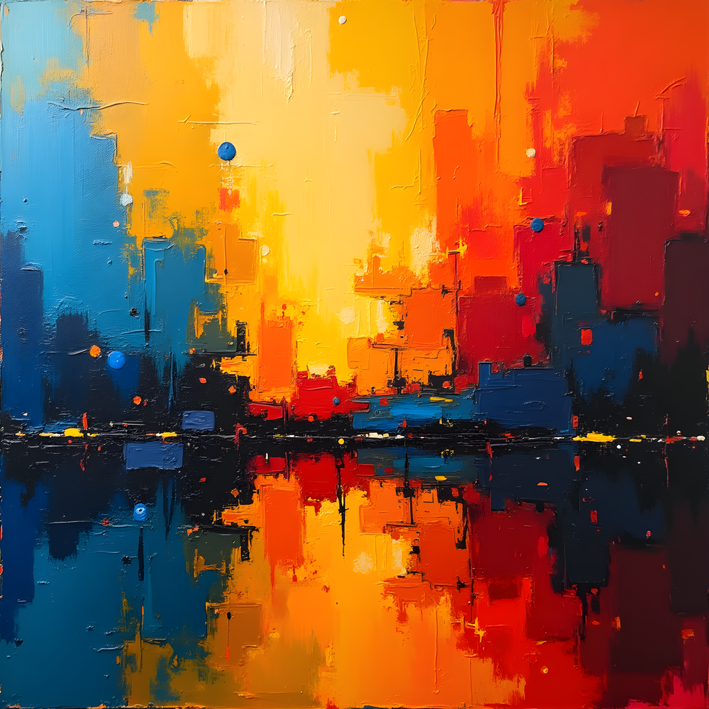 Abstract Cityscape Sunset Reflection Orange Blue Wall Art