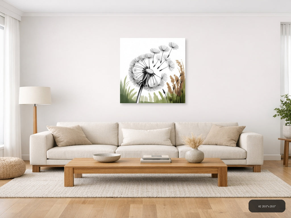 Dandelion Line Art Black Ink Botanical Wall Art — A2 / Living Room